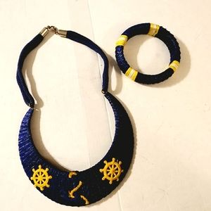 Vintage blue and gold hand stitched nautical necklace and bracelet set